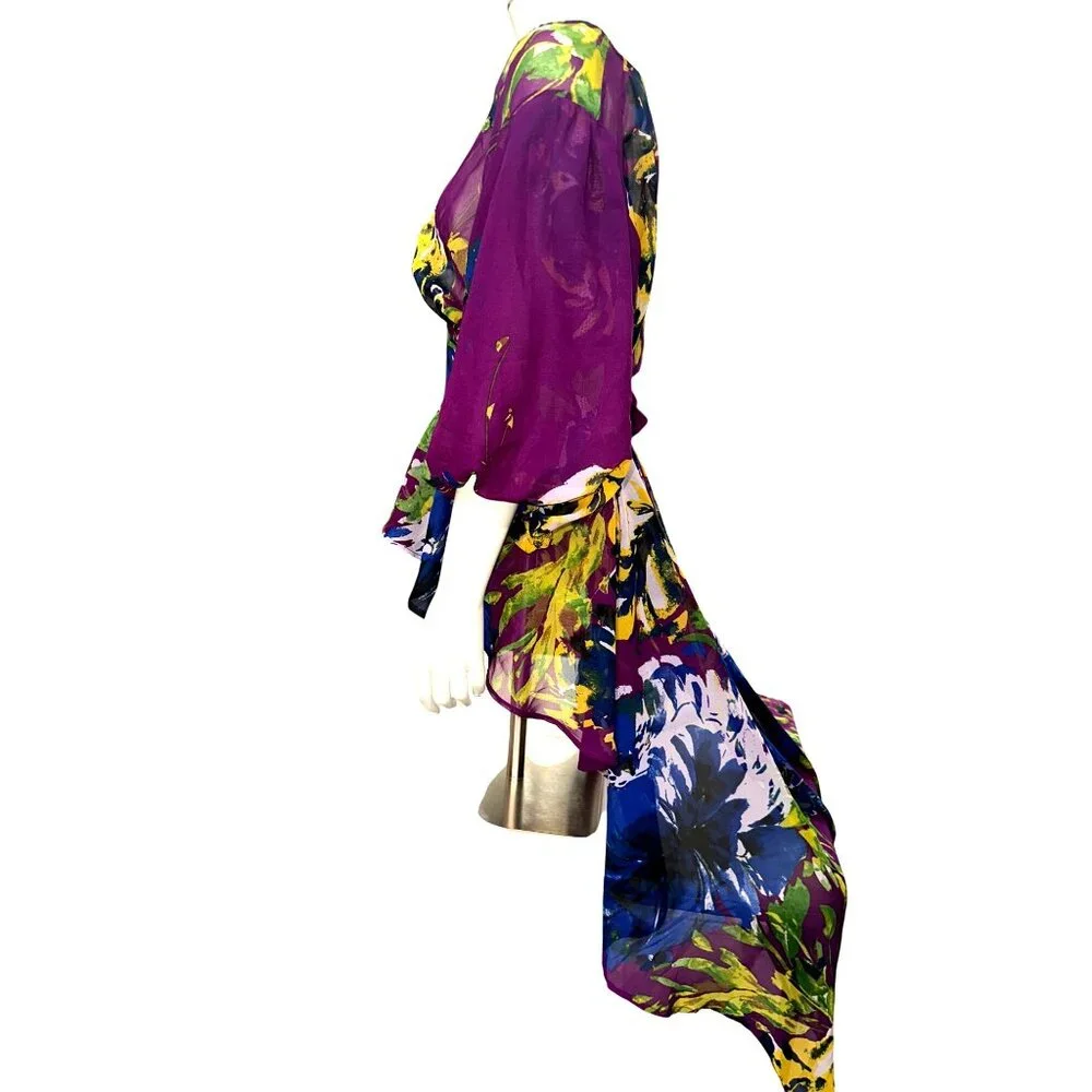 Ashley Stewart Size 14 Purple Sheer Floral Dress High Low Hem Metal Side Zip Art - Picture 4 of 13